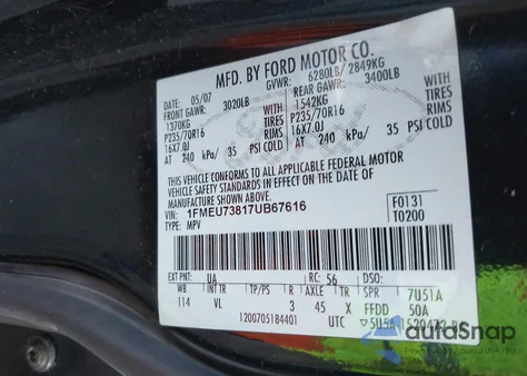 2007 Ford Explorer Xlt из США, поврежденный, VIN 1FMEU73817UB67616